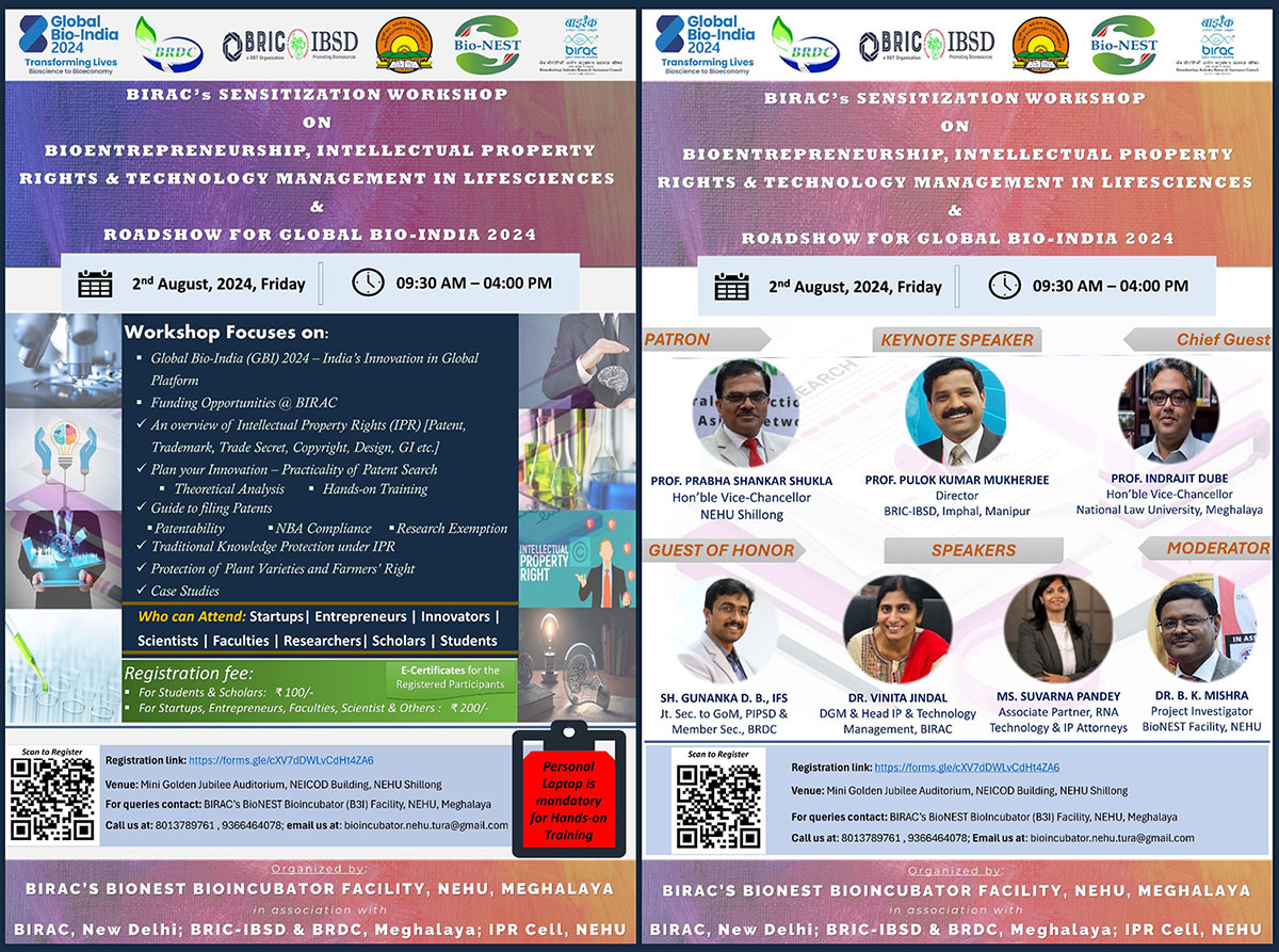 One-day Sensitization Workshop on "Bio-Entrepreneurship, Intellectual Property Rights and Technology Management in Life Sciences” & Roadshow for the upcoming “Global Bio-India (GBI) 2024”